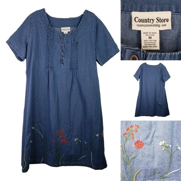 Country Store Denim Dress Modest Length Short Sleeve Floral Womens Size Medium - Picture 1 of 7